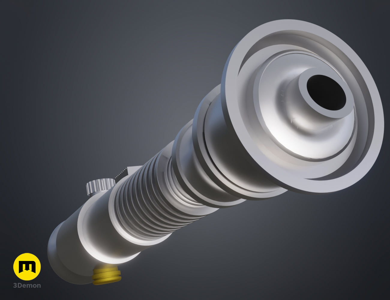 3D render of the Aayla Secura lightsaber hilt in a solid grey color from a perspective angle.