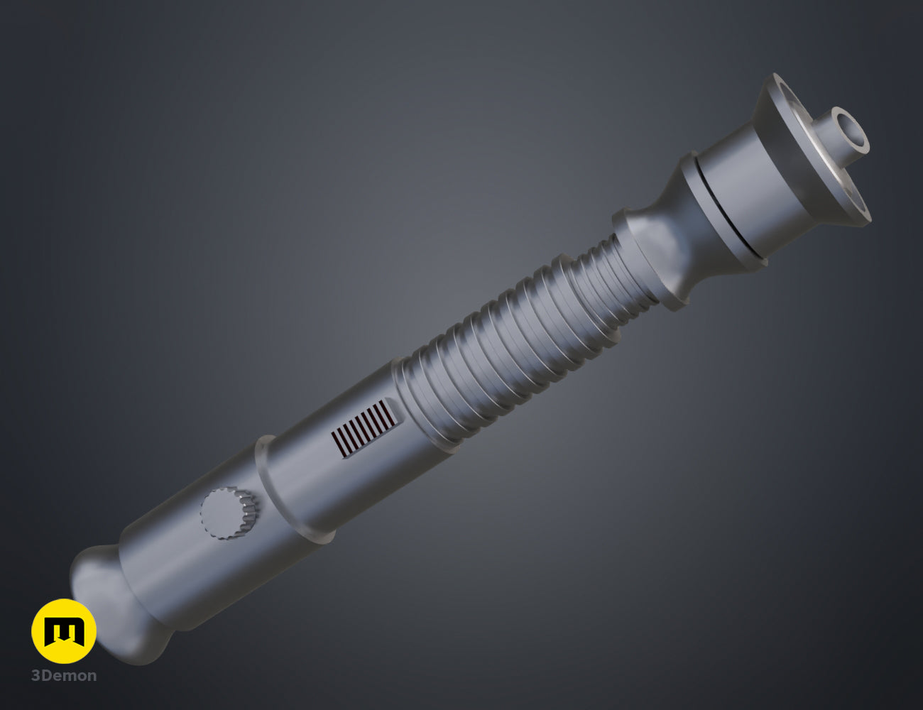 3D render of the Aayla Secura lightsaber hilt in a solid grey color, side profile view.