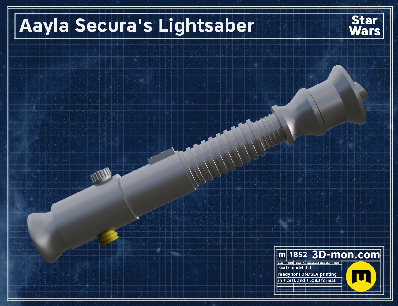 3D render of Aayla Secura's lightsaber hilt on a dark blue background with Star Wars logo.