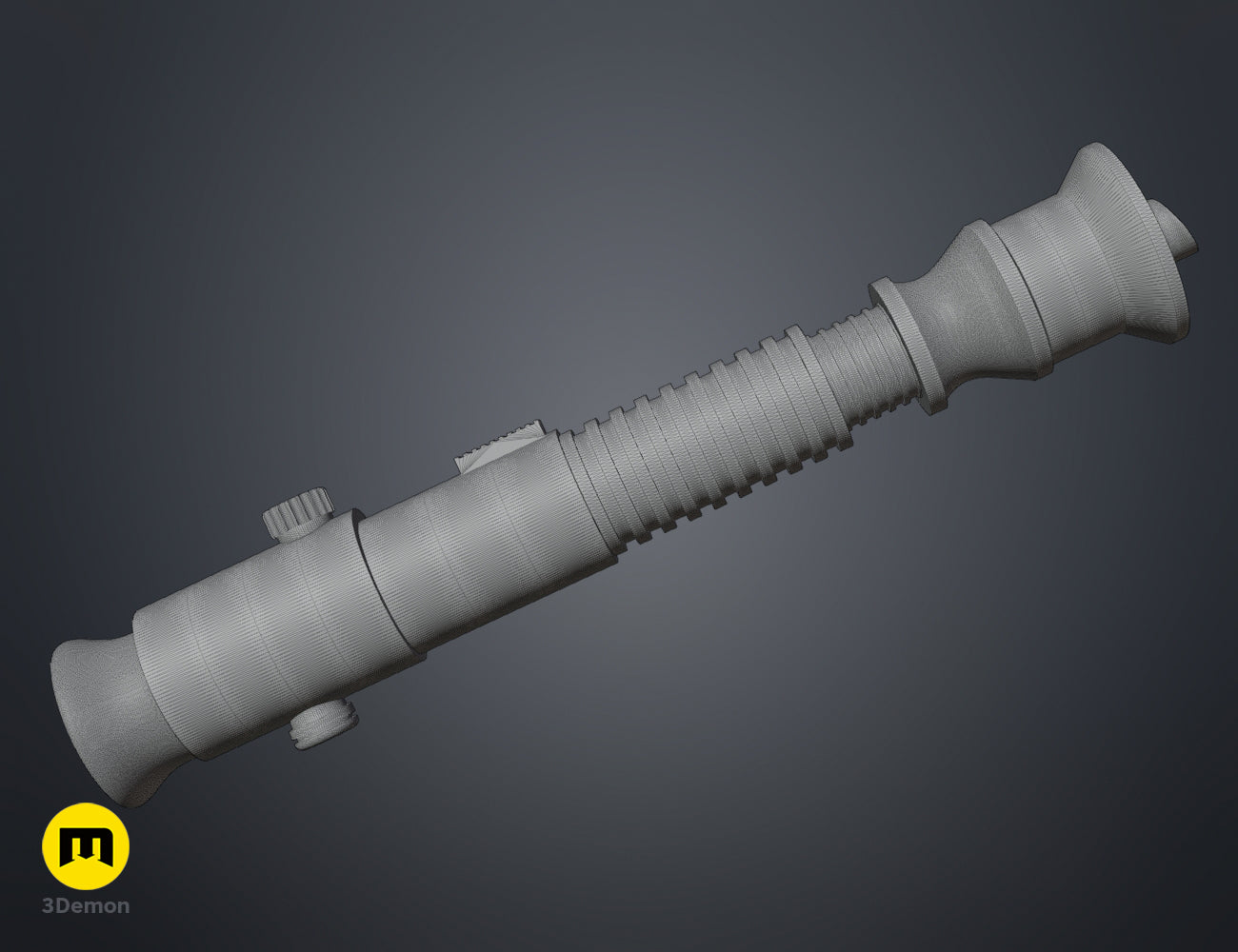 3D wireframe mesh model of the Aayla Secura lightsaber hilt, showing the digital 3D topology.