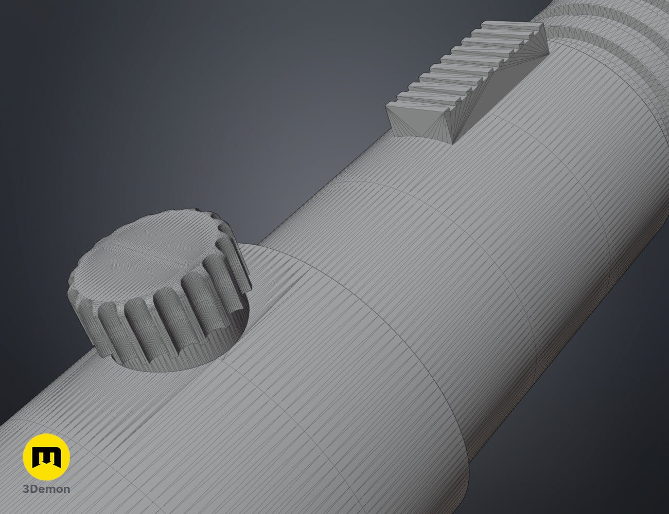 Close-up wireframe mesh view of the Aayla Secura lightsaber hilt control box and grip details.