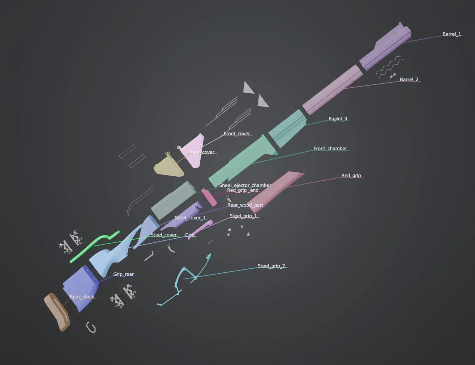 Exploded view 3D render of various 3D printable parts for the Caitlyn sniper rifle prop.