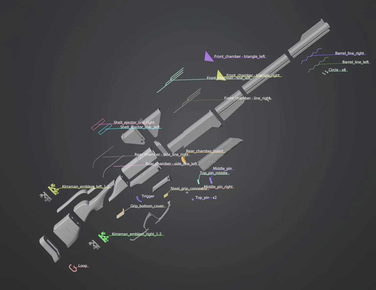 3D render of the Caitlyn rifle model's front sections, including the barrel and detailed sights.