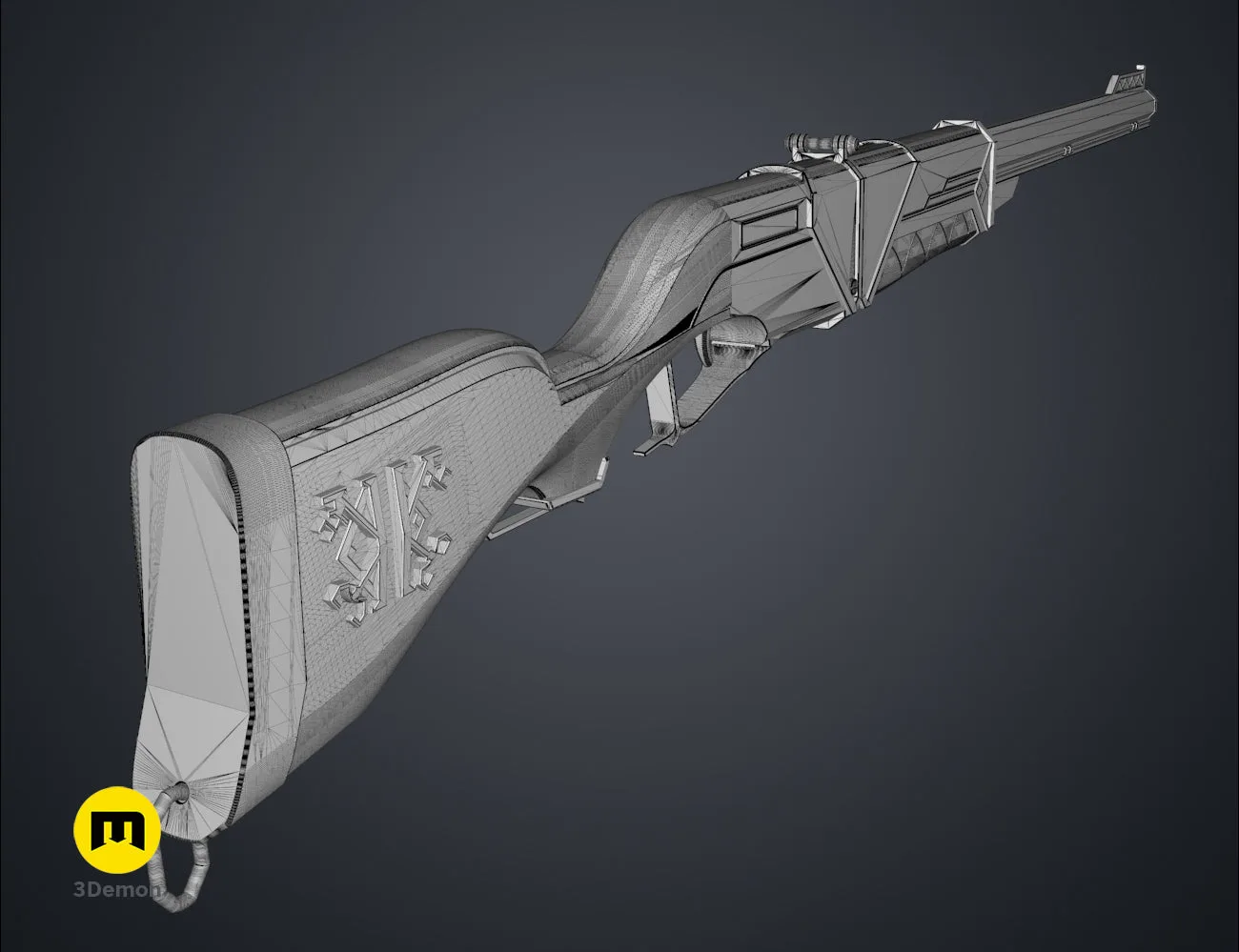 Rear-view 3D render of the Caitlyn rifle model's stock, showcasing the intricate structural design.