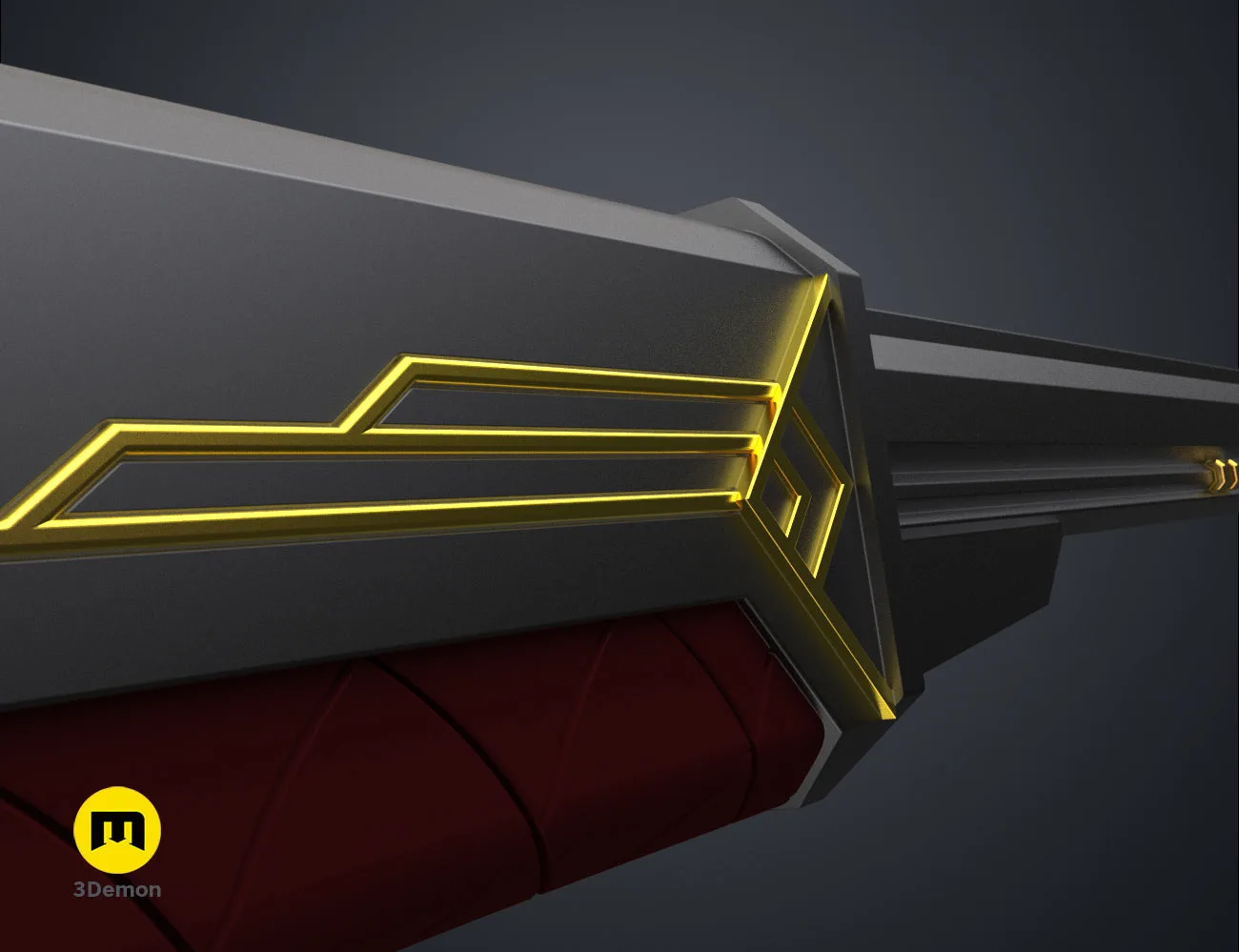 Close-up 3D render of the Caitlyn rifle's central frame, featuring gold accents and a red diamond-textured grip.