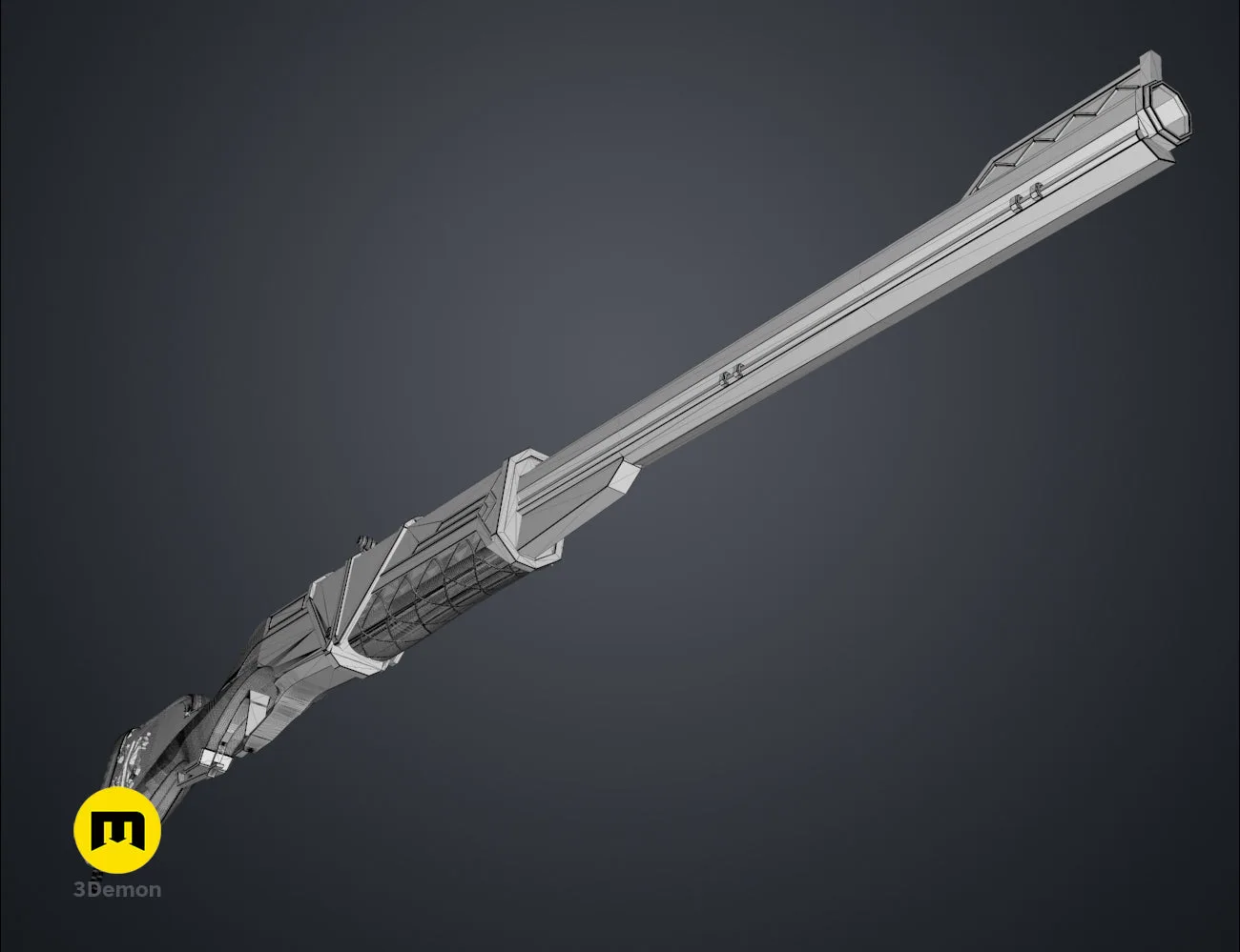 Front-perspective 3D render of the Caitlyn rifle muzzle, showing the hexagonal barrel and gold-accented foresight.