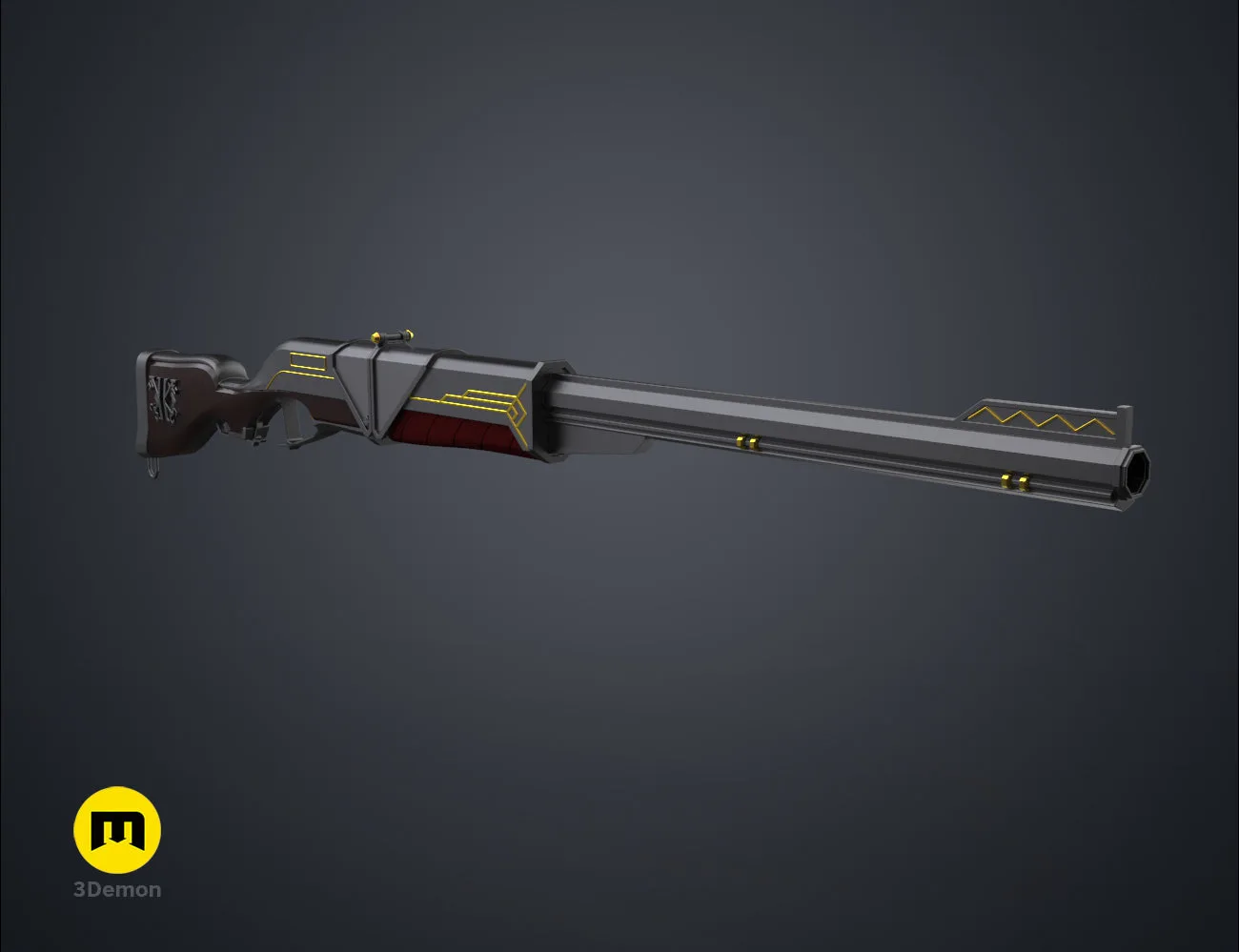 3D model render of the Caitlyn rifle showing the intricate mechanical details of the central frame and trigger.