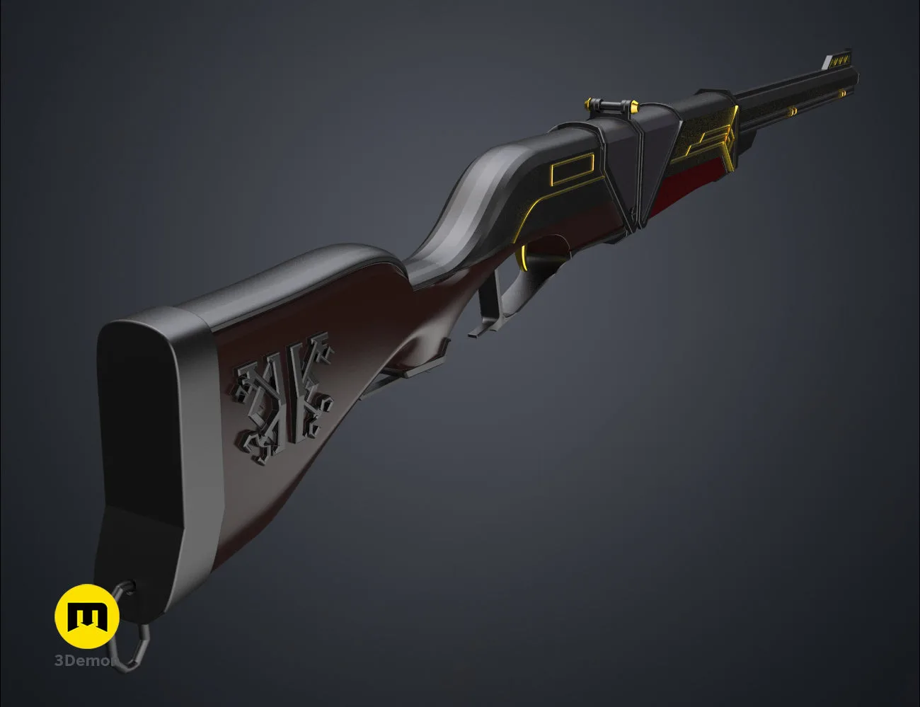 3D render of the grey Caitlyn rifle model, focusing on the long barrel and mechanical frame details.