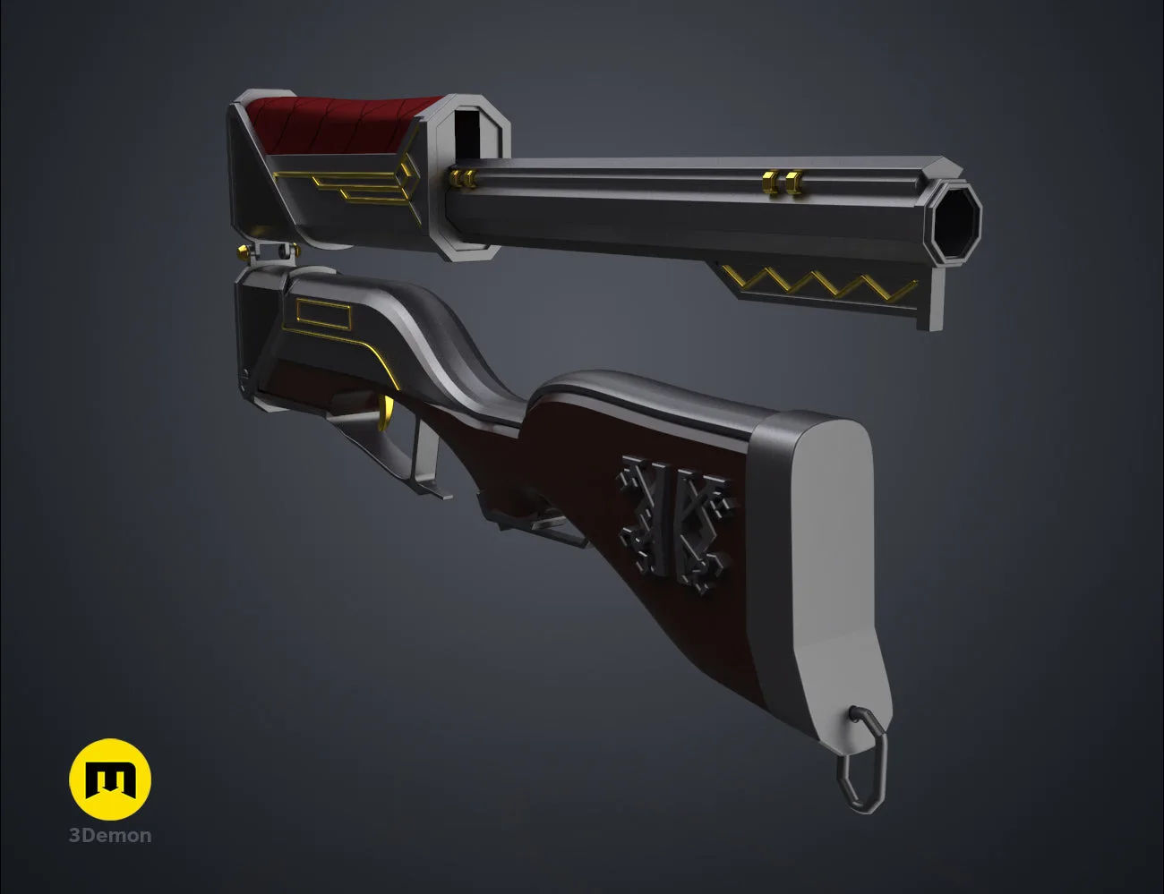 Top-down perspective 3D render of the Caitlyn sniper rifle prop model, highlighting its structural complexity.