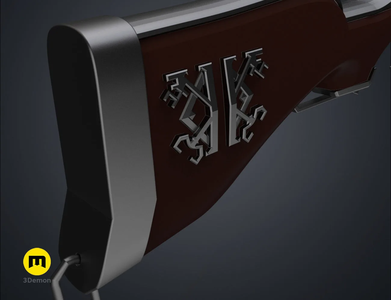 Detailed 3D render of the Caitlyn rifle's stock and rear frame, showcasing the model's intricate 3D printable parts.