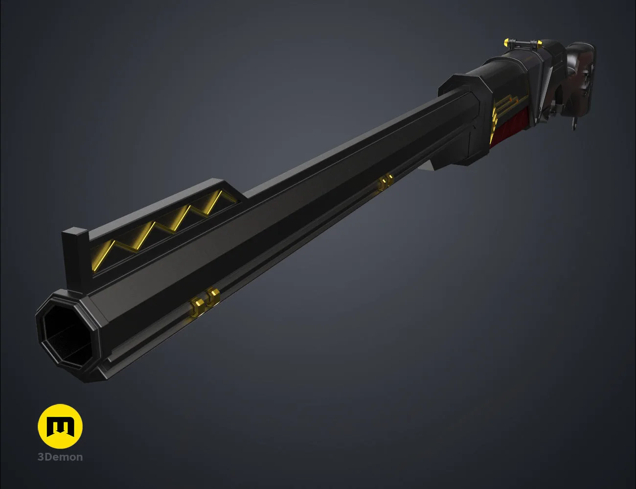 Front-side 3D render of the full Caitlyn sniper rifle model, capturing its iconic silhouette from Arcane Act 1.