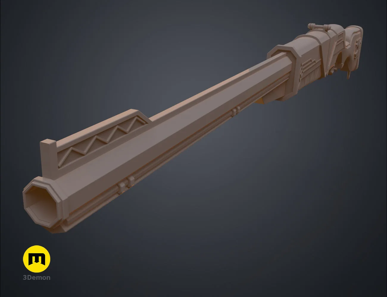 Front-view 3D render of the Caitlyn rifle model, focusing on the detailed hexagonal muzzle and sight.