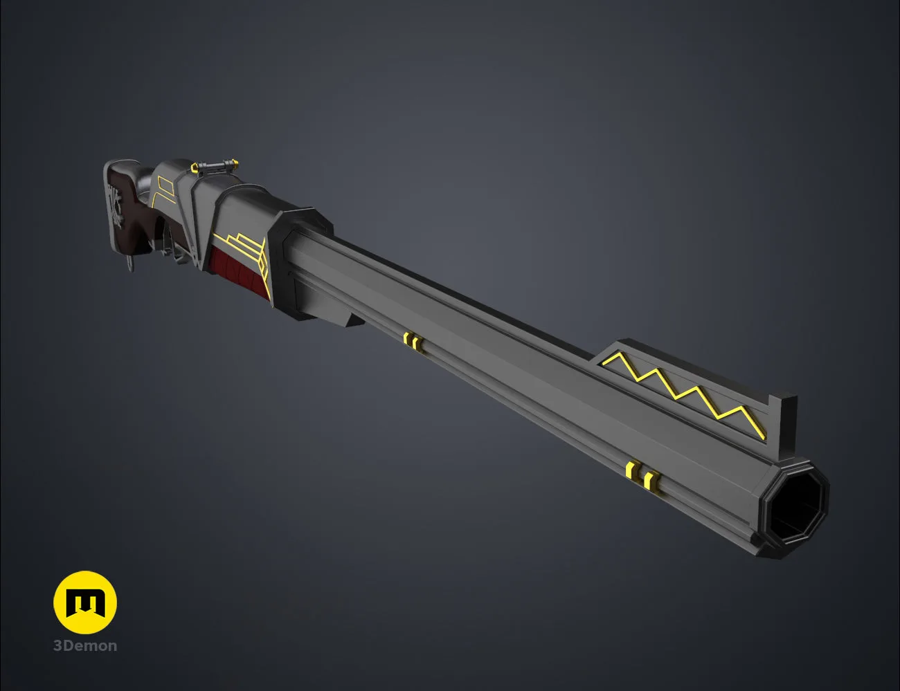 Top-view 3D render of the Caitlyn sniper rifle model, showing the long, sleek barrel and frame details.
