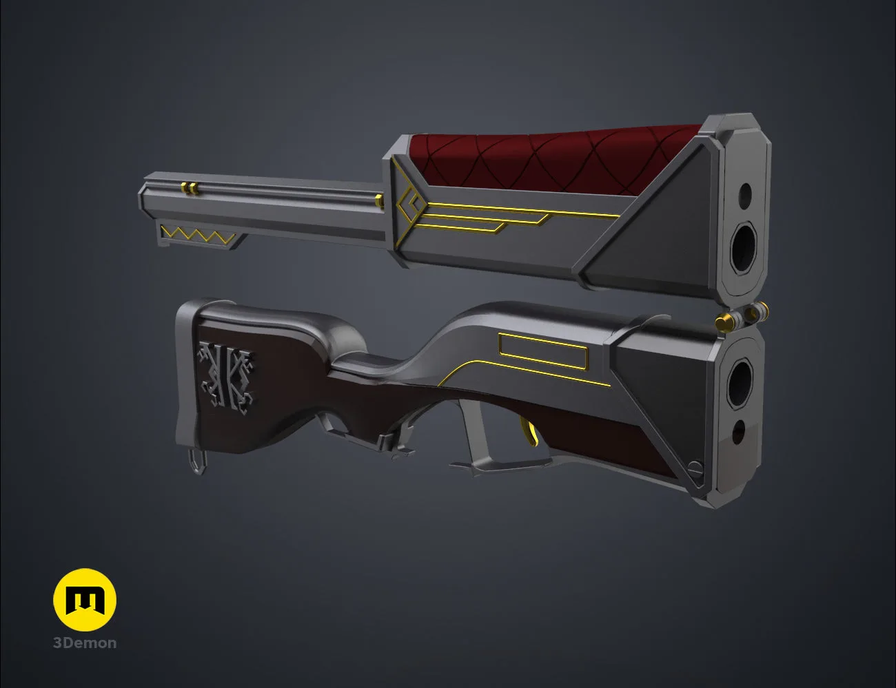 3D render of the Caitlyn sniper rifle model showcasing its internal structural components and assembly.