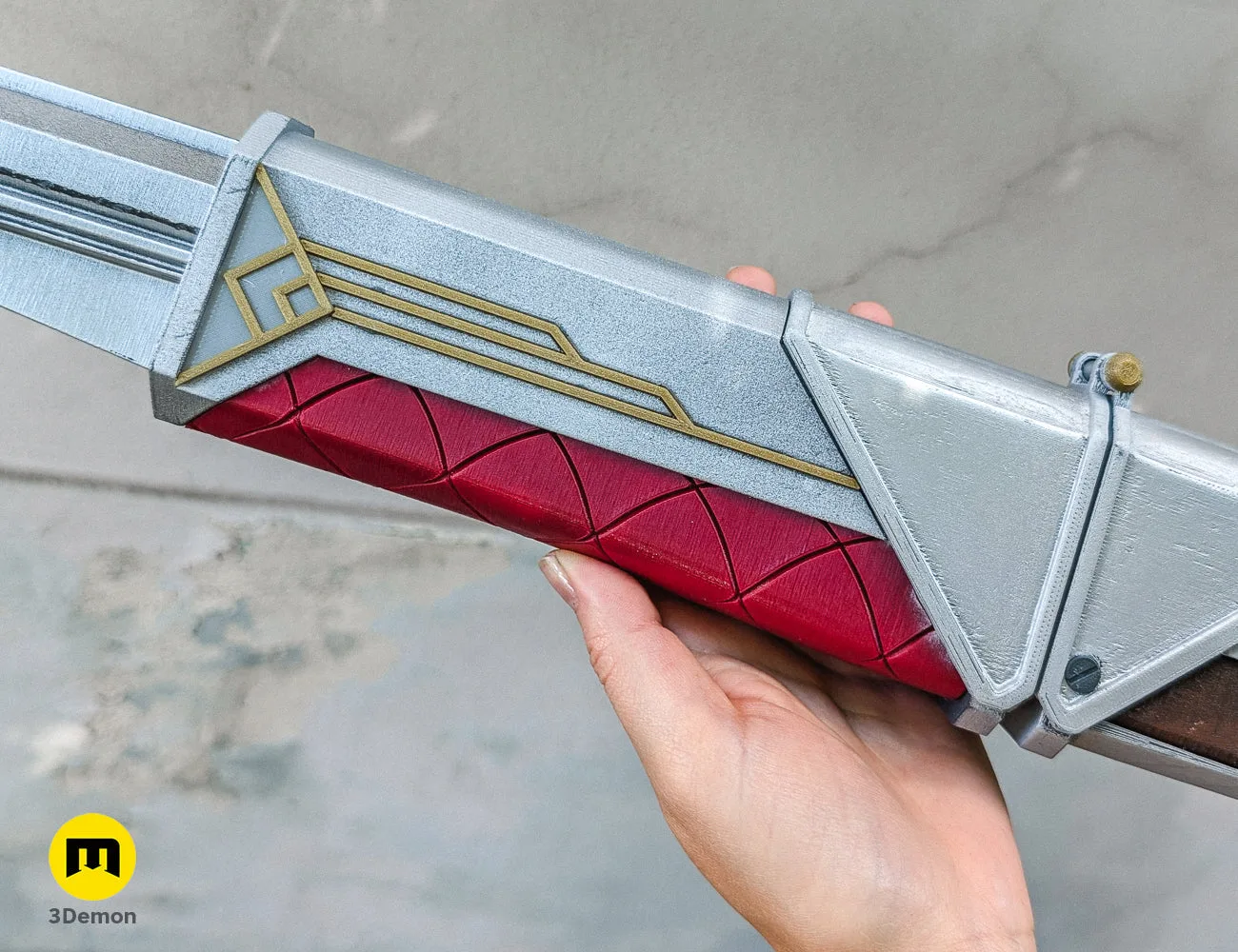 Full side view of the 3D printed Caitlyn sniper rifle replica, demonstrating its impressive length and detail.