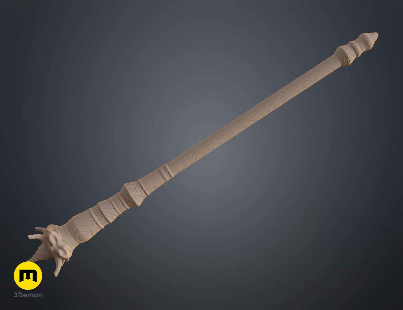 3D render of a magic wand in a light tan color, featuring a detailed dragon-head pommel and carved handle.