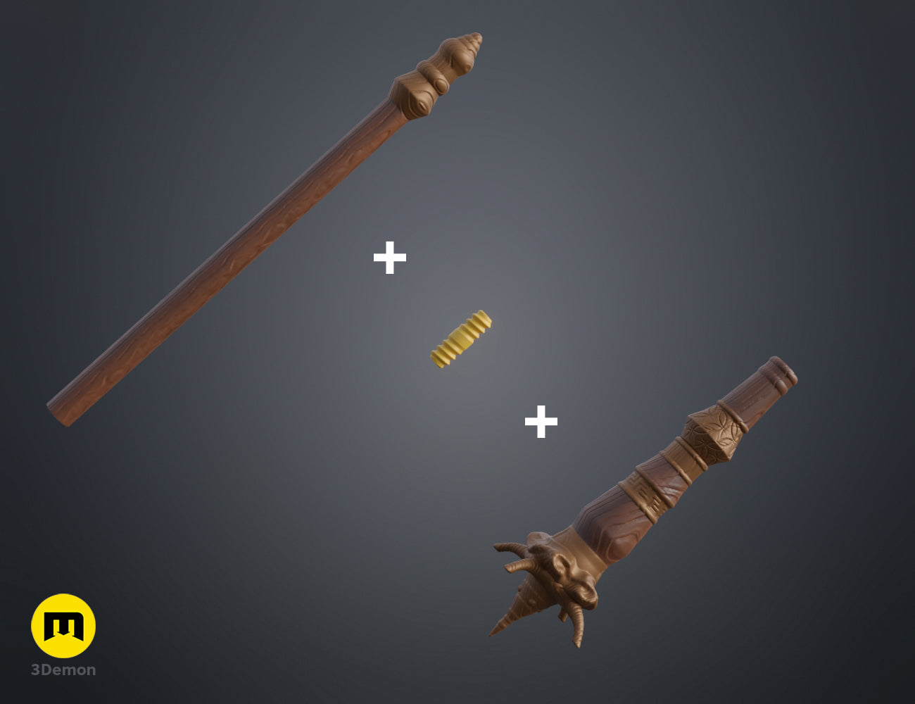 Exploded 3D render showing the assembly of a magic wand with its shaft, connector, and ornate dragon handle.