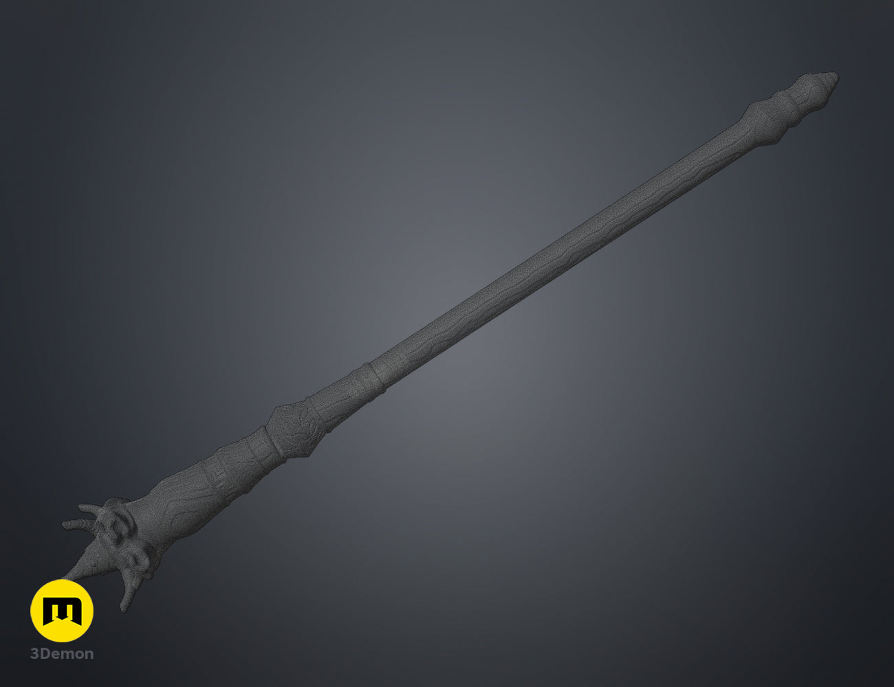 3D wireframe mesh model of a magic wand showing its digital topology and ornate dragon-head handle design.