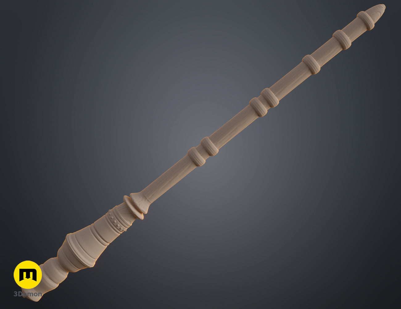 3D render of a light tan magic wand featuring a segmented shaft and an ornate, beaded handle on a dark grey background.