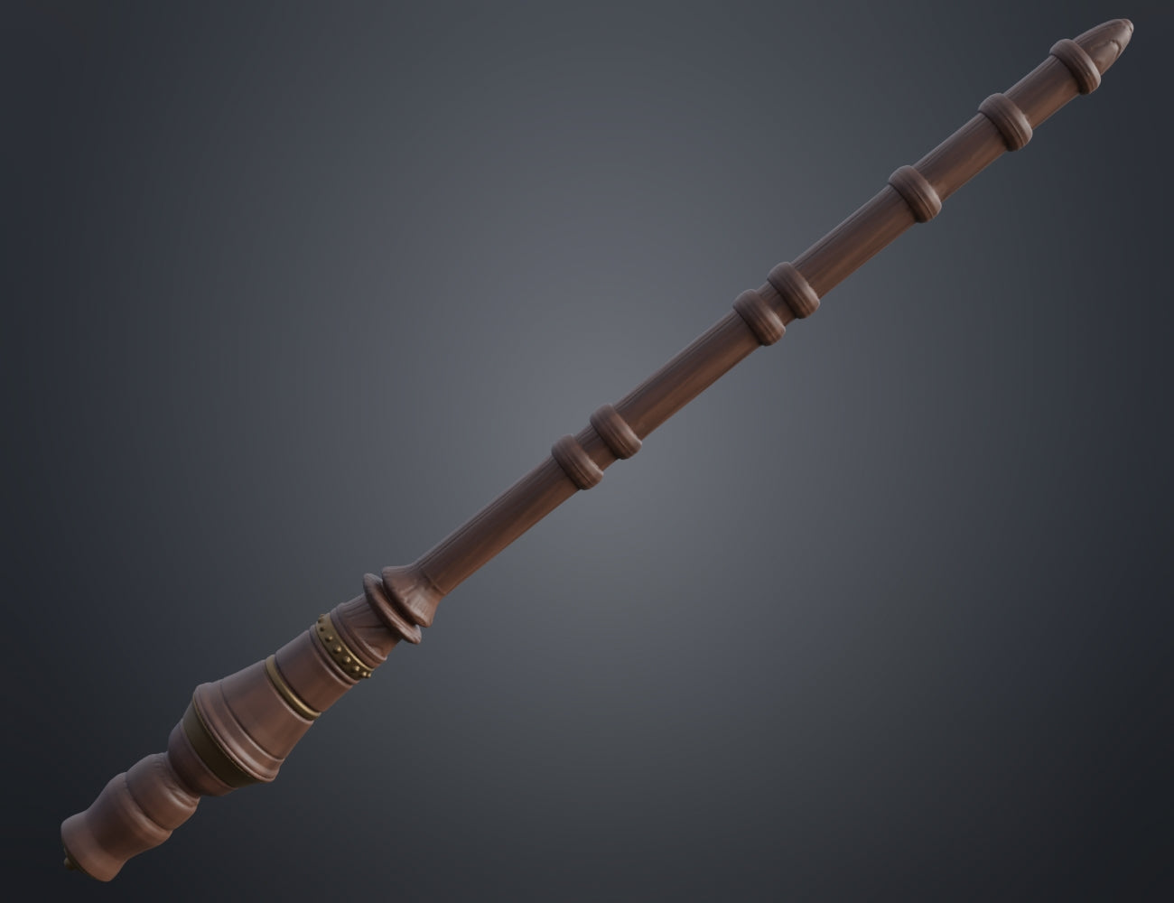3D render of a dark brown magic wand with a segmented shaft and an ornate handle on a dark grey background.