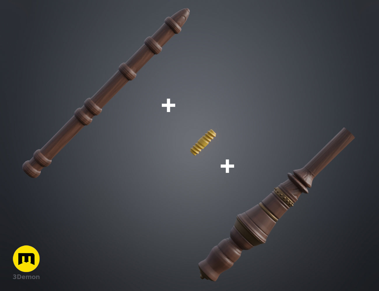 Exploded 3D render showing a brown magic wand's shaft, a yellow connector pin, and an ornate, bulbous handle.