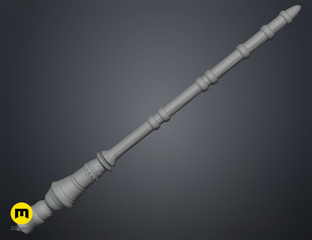 3D render of a magic wand in a grey material, showing its digital geometry and intricate surface topology.