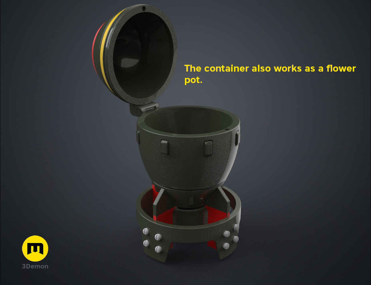 3D render of a Fallout Mini Nuke container with an open lid, used as a flower pot for a green plant.