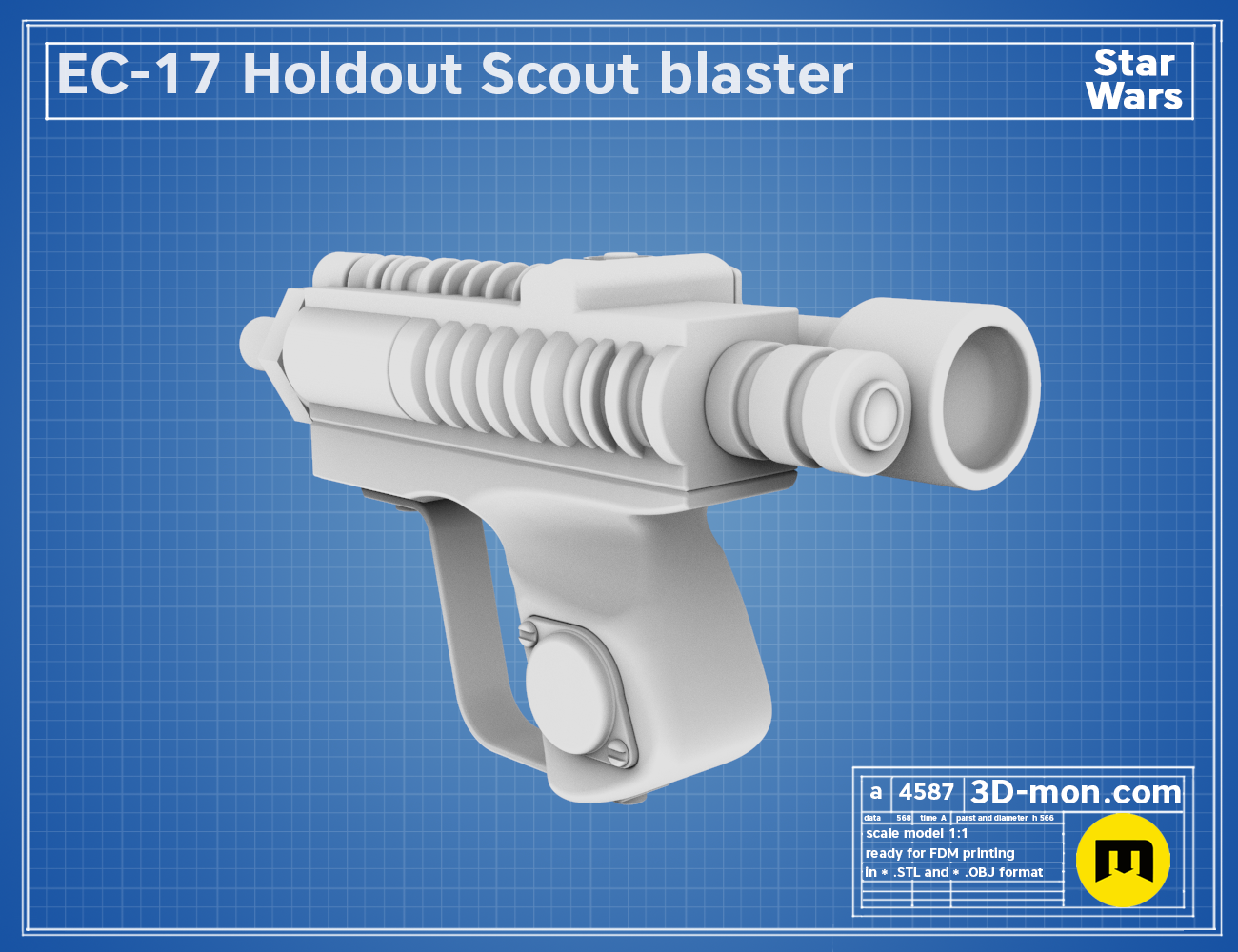 Angled 3D render of the EC-17 Holdout Scout Blaster model in grey material.