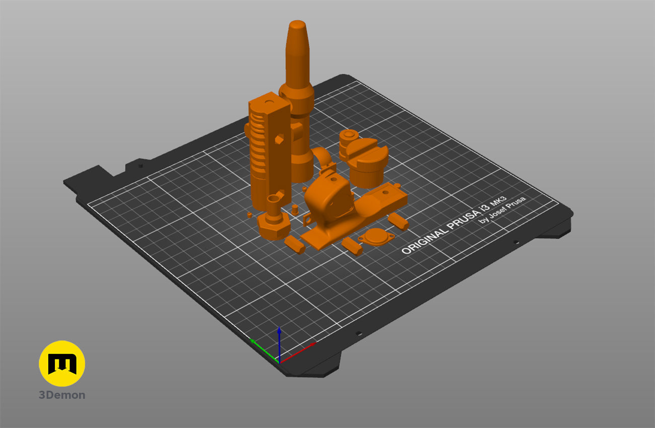 Angled 3D slicer preview of EC-17 Holdout Scout Blaster parts on an Original Prusa i3 MK3 print bed.