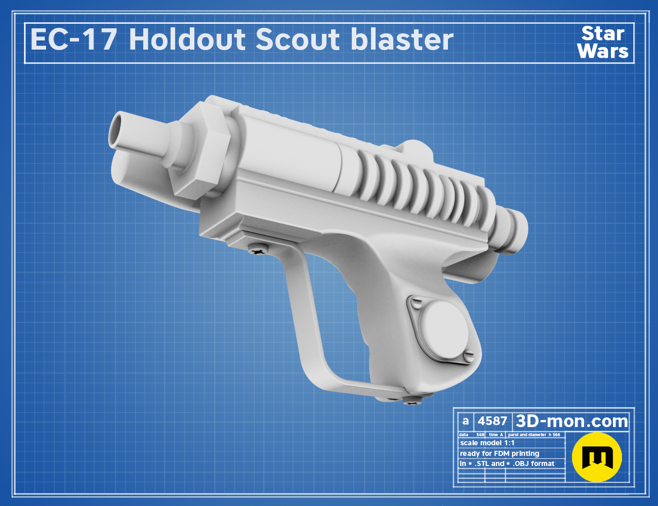 Angled front-side 3D render of the EC-17 Holdout Scout Blaster model in grey material.
