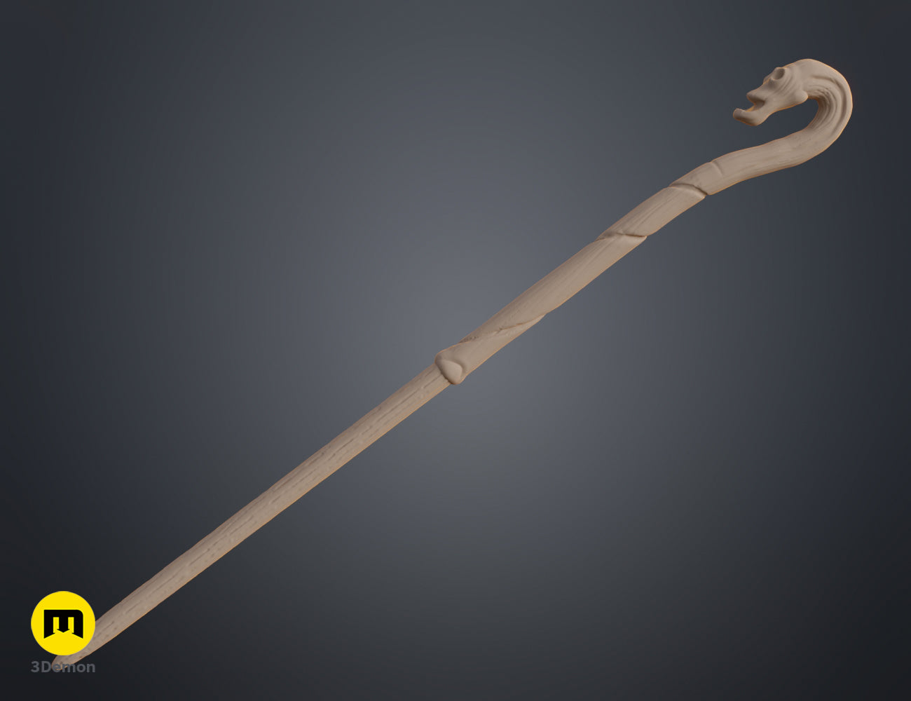 Cover 3D render of the Antonin Dolohov wand replica by 3Demon with a curved dragon head handle.