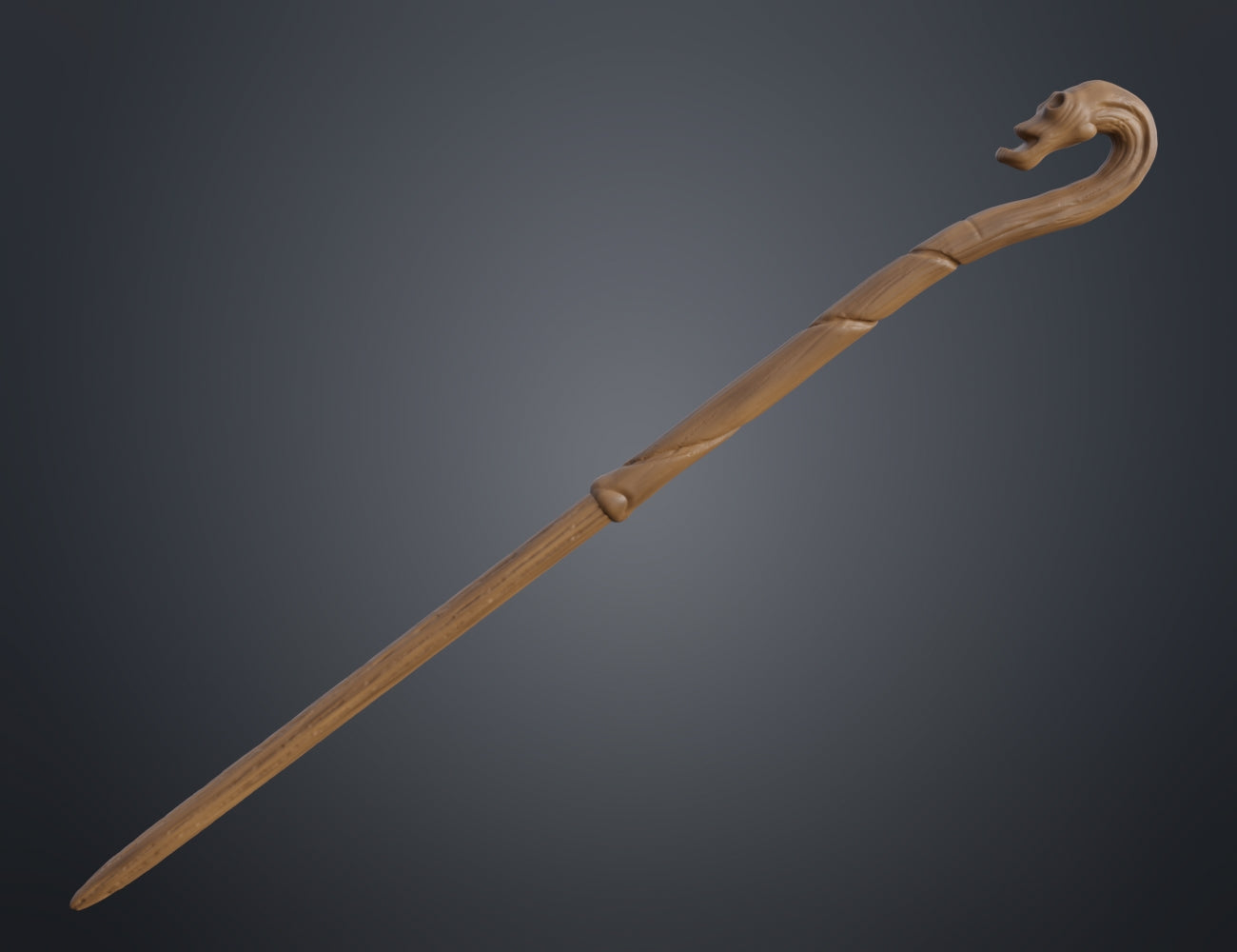 3D render of Antonin Dolohov's wand with a curved handle shaped like a dragon head on a grey background.