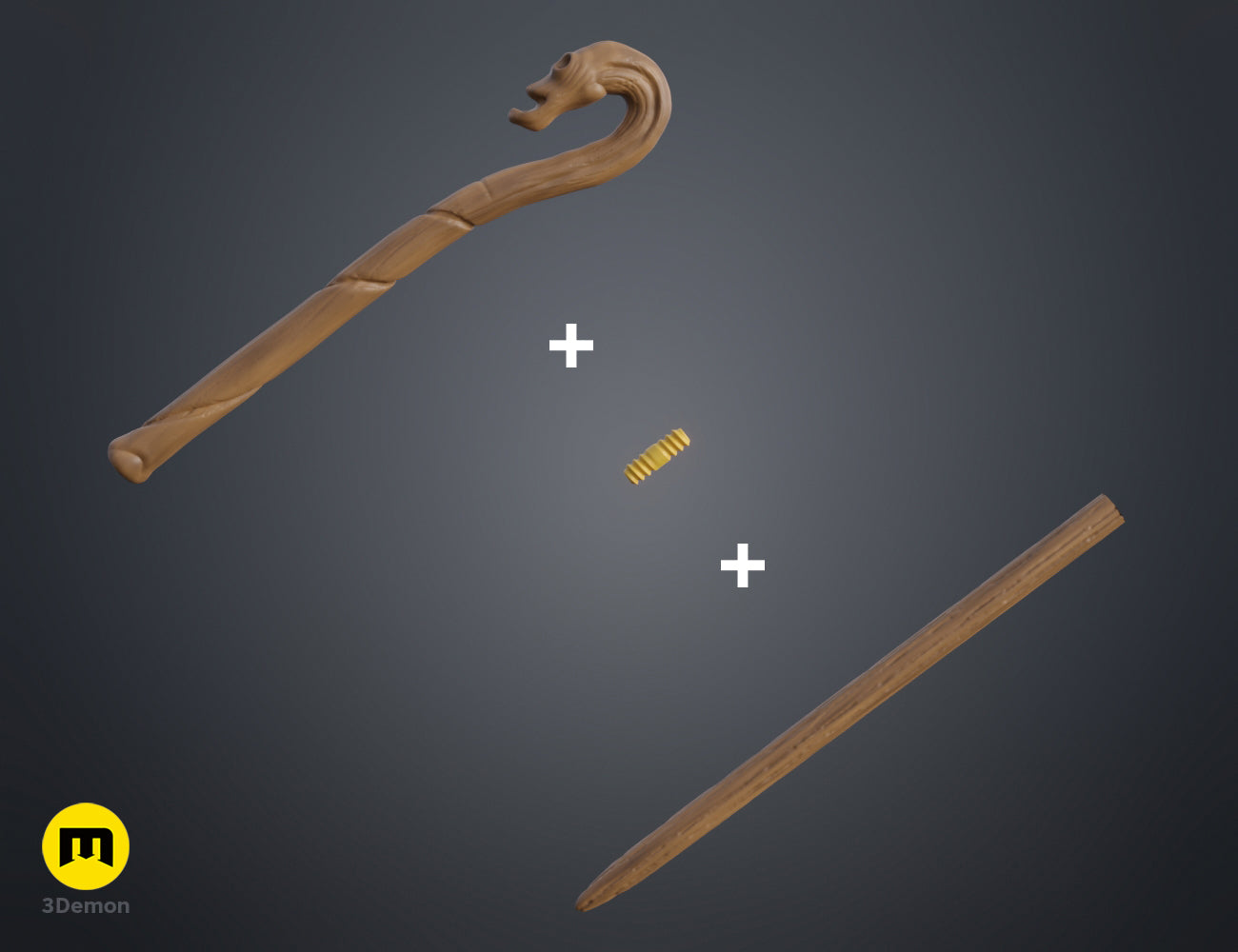 3D render showing the Antonin Dolohov wand model split into three parts for easier 3D printing.