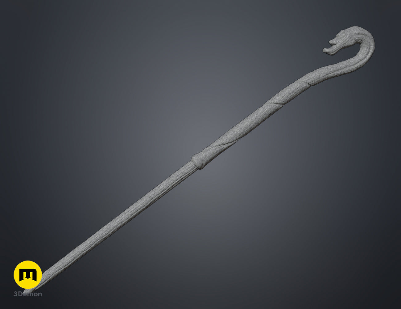 Grey 3D mesh render of the Antonin Dolohov wand replica, showcasing the intricate dragon head handle design.
