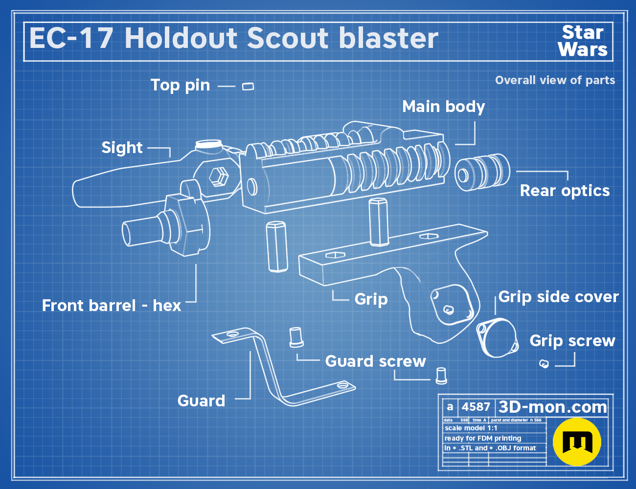 Exploded view technical blueprint of the EC-17 Holdout Scout Blaster 3D model parts with labels.