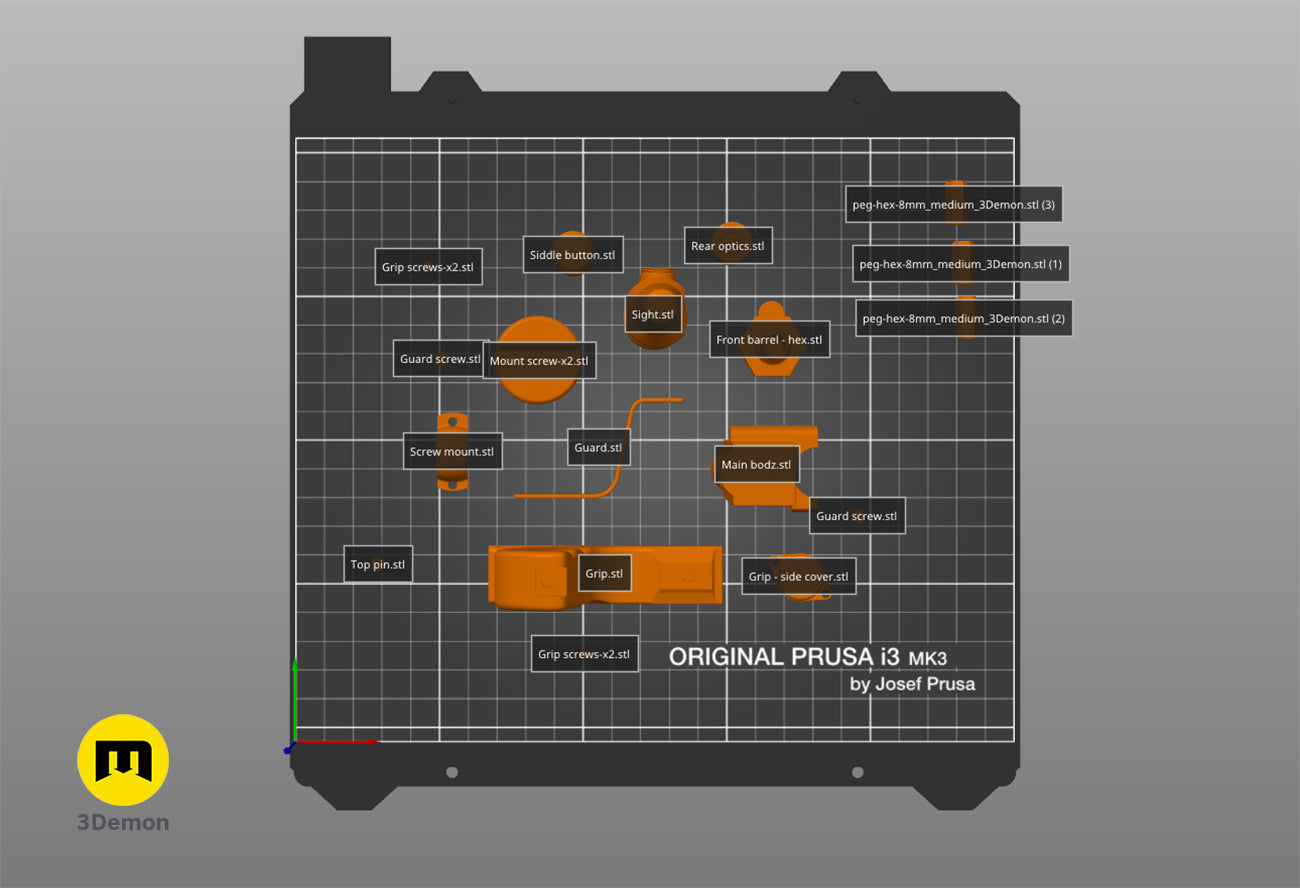 Labeled 3D slicer preview of EC-17 Holdout Scout Blaster 3D printable parts on a virtual print bed.