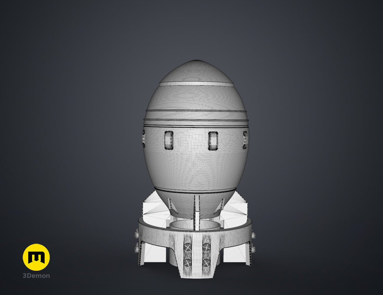 3D wireframe render of the Fallout Mini Nuke bomb model, emphasizing the base and fin structure.