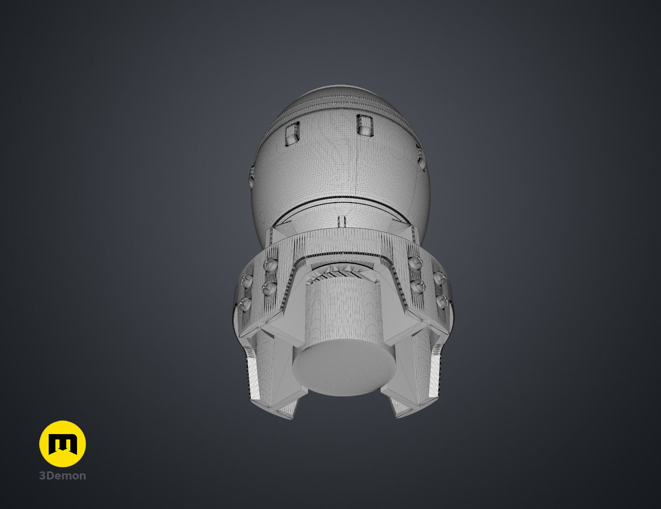 3D wireframe render of the Fallout Mini Nuke bomb container from a side angle, showing internal mesh structure.