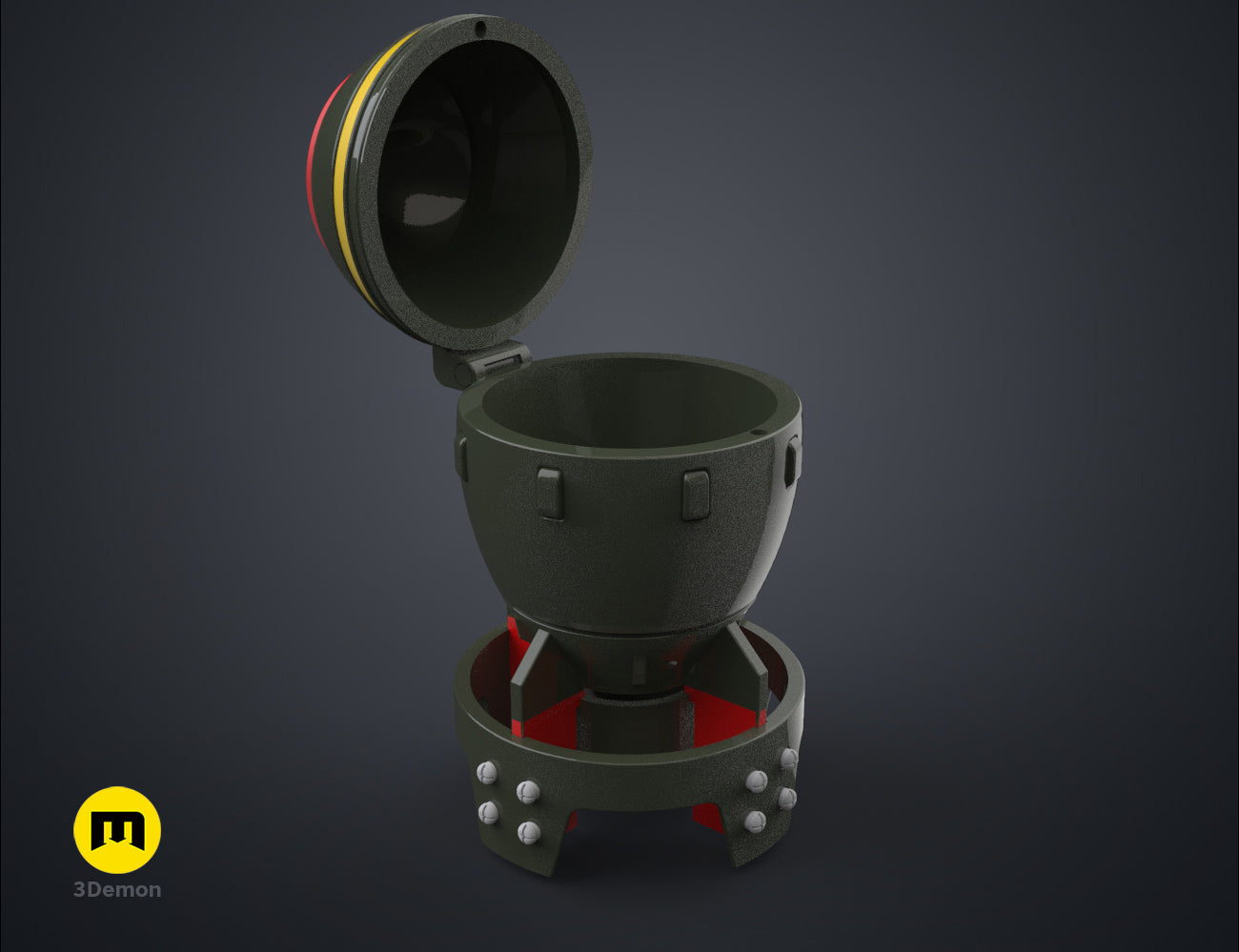 3D printed Fallout Mini Nuke container with the lid open, showing a green succulent plant inside.