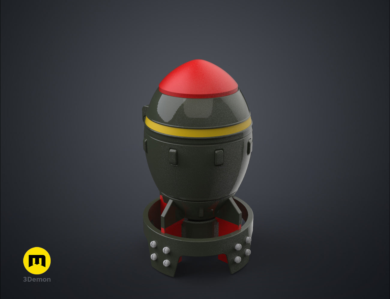 3D printed Fallout Mini Nuke bomb container with the top hatch open, sitting on a dark grey surface.