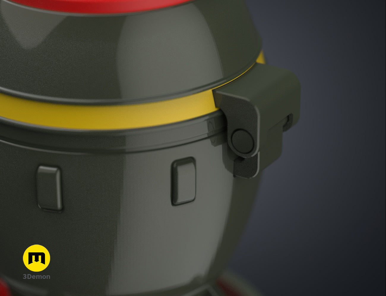 3D printed Fallout Mini Nuke bomb container with the lid closed, olive green with red and yellow accents.