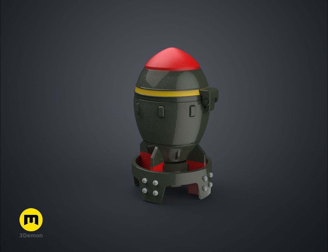 3D printed Fallout Mini Nuke bomb container standing on a rusty metal surface, olive green with a red tip.