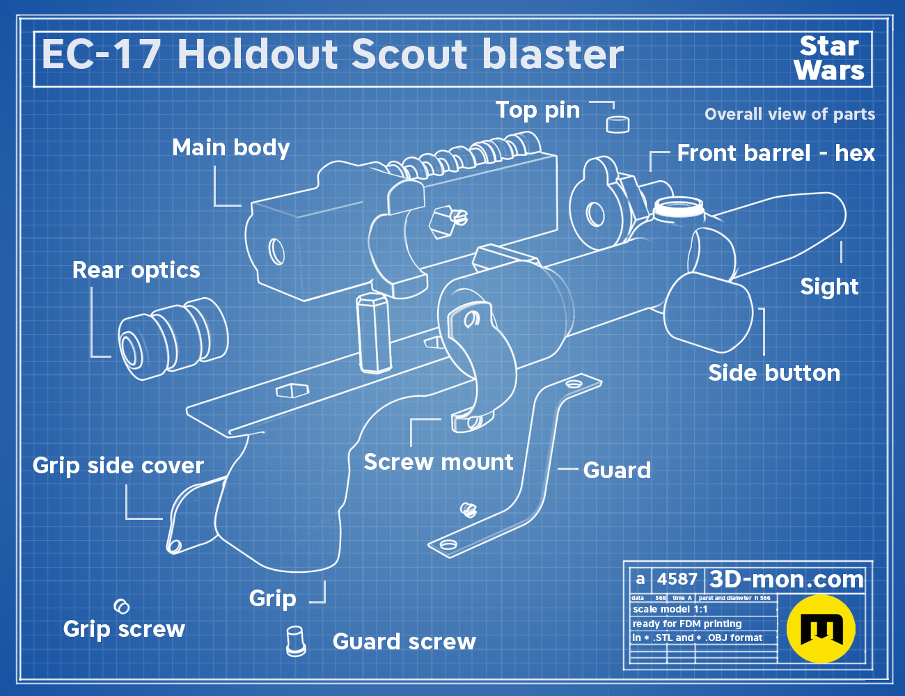 Overall view of the EC-17 Holdout Scout Blaster 3D printable parts on a technical blue grid background.