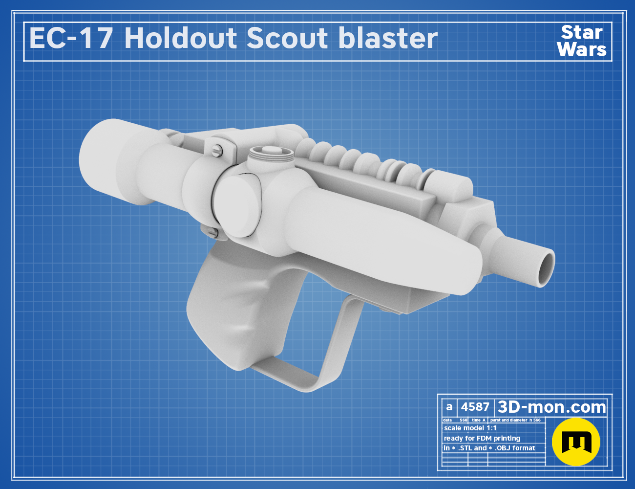 Side-rear view 3D render of the EC-17 Holdout Scout Blaster model in grey plastic material.