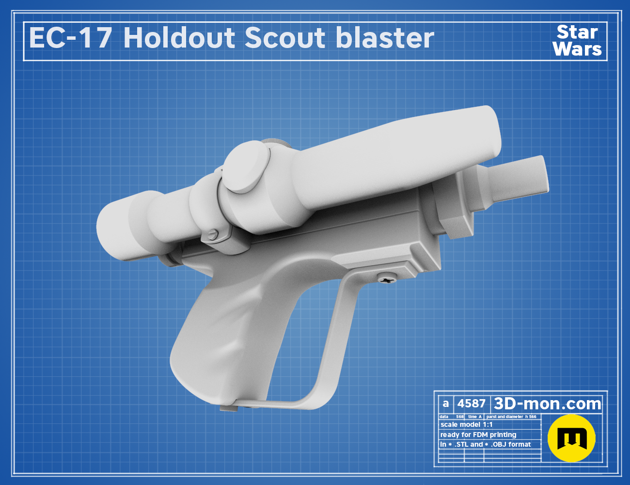 Side view 3D render of the EC-17 Holdout Scout Blaster 3D model on a blue technical grid.