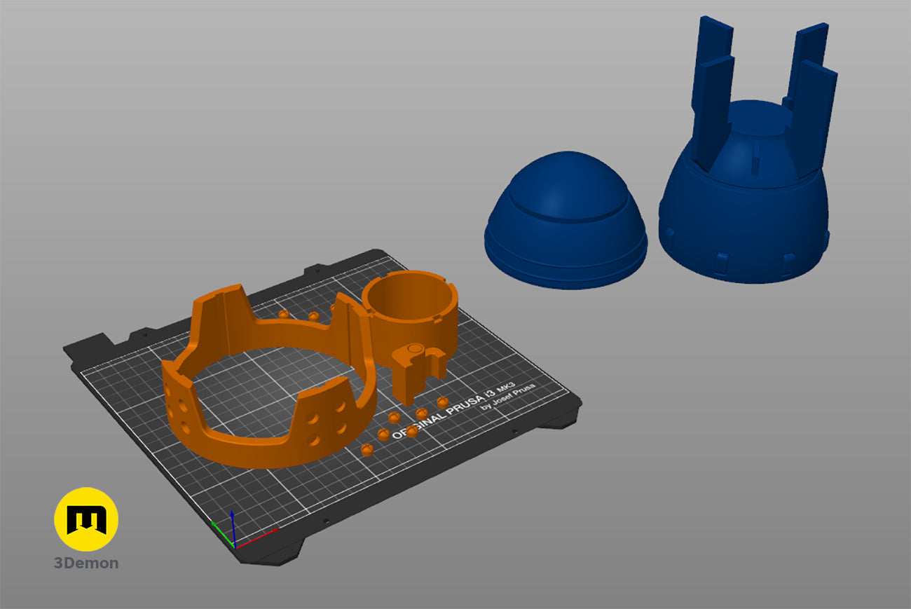 Technical 3D model drawing of the Mini Nuke container with assembly parts labeled for 3D printing.