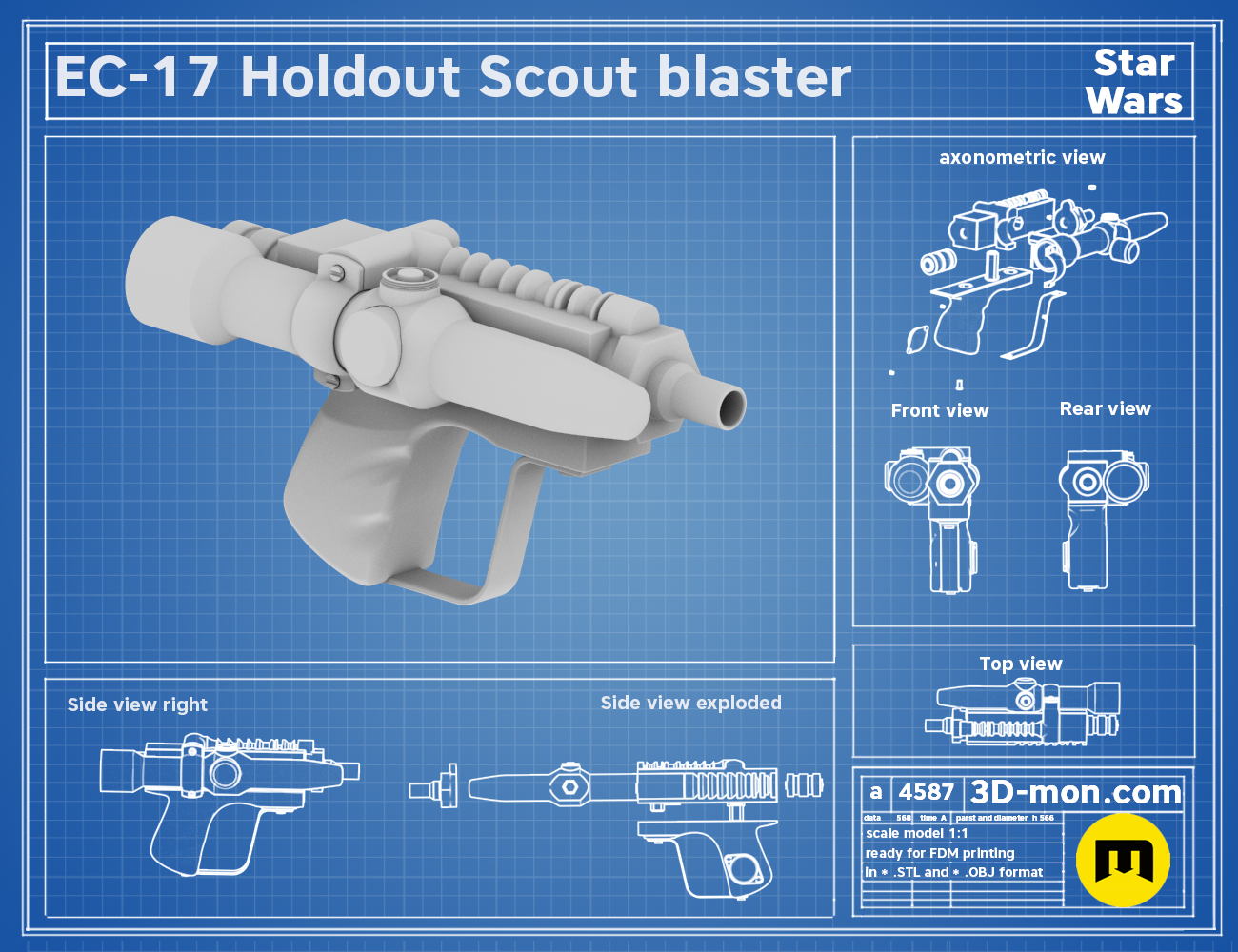 Technical blueprint of the EC-17 Holdout Scout Blaster 3D model with multiple views and exploded diagram.