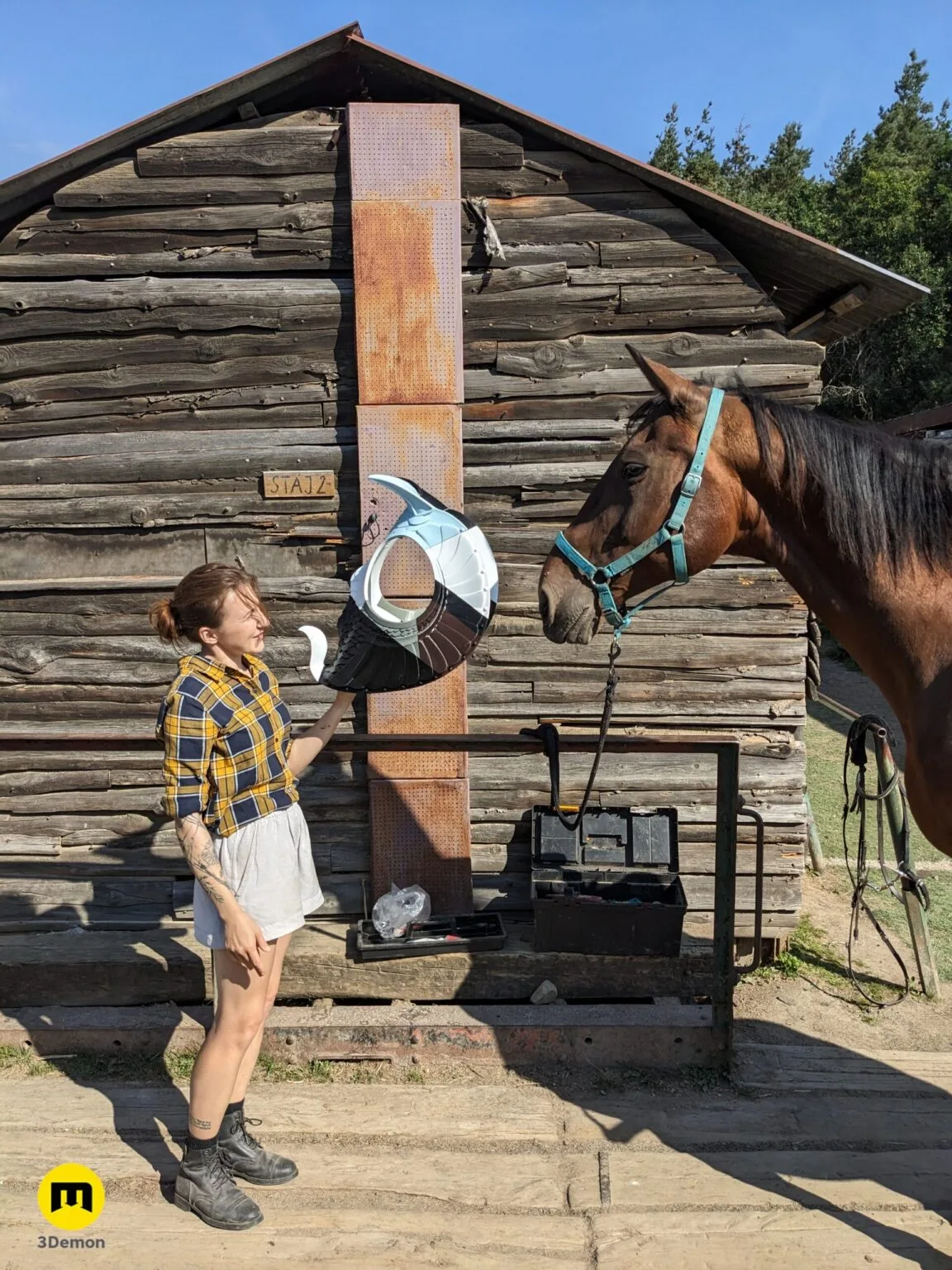 A horse wearing the golden 3D printed Rings of Power armor, standing outdoors.