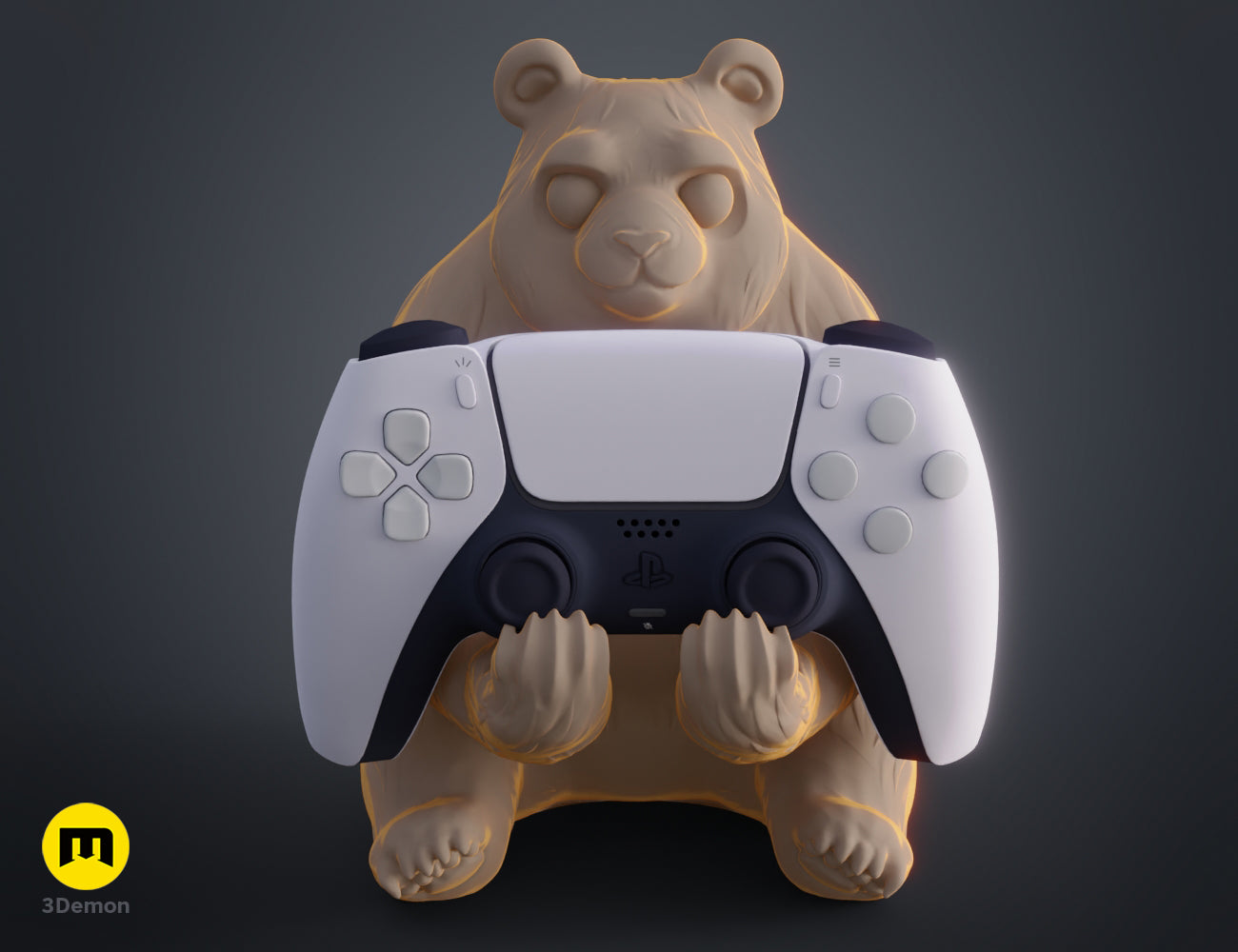 Front view 3D render of a tan panda figurine holding a white game controller with glowing orange highlights.