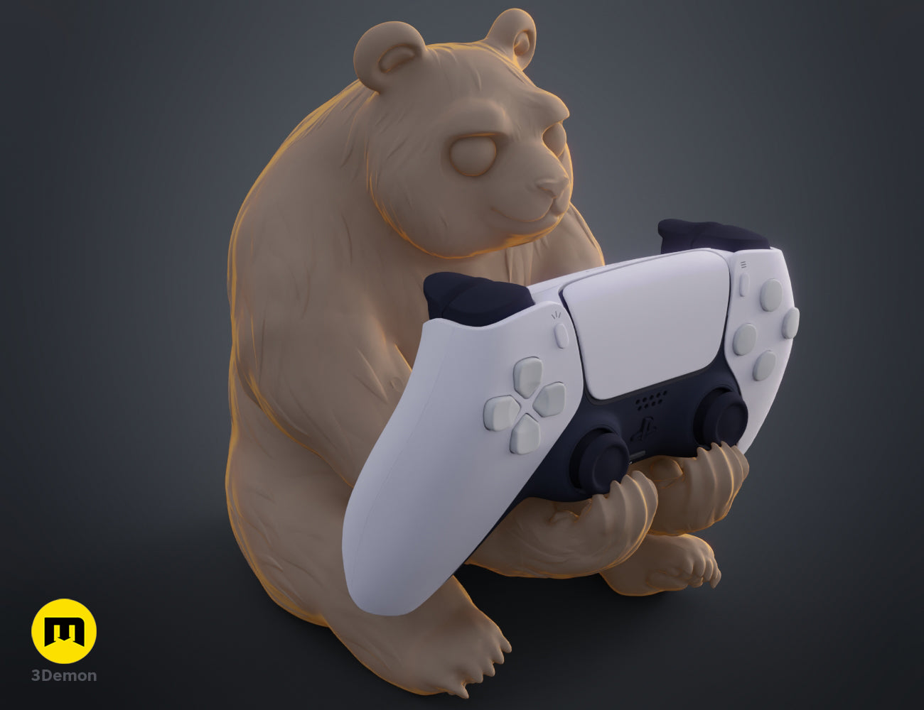 Side-angled 3D render of a tan panda figurine holding a white PlayStation 5 controller with backlighting.